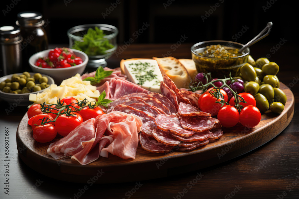 A traditional Italian antipasto platter, showcasing a variety of cured meats, cheeses, ai generated.