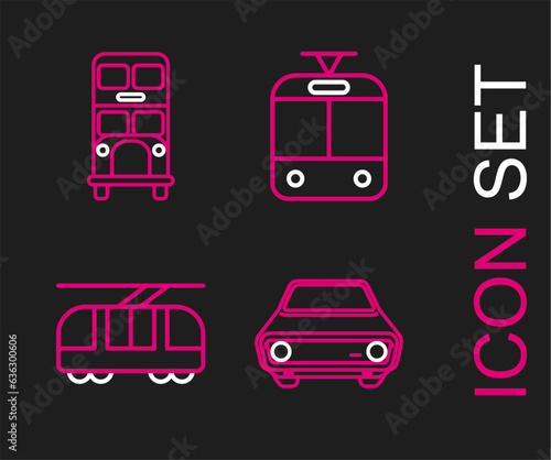 Set line Car, Tram and railway, and Double decker bus icon. Vector