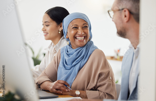 Happy, teamwork and business people in office for training, advice and collaboration while working on a computer. Smile, laugh and Muslim senior woman mentor laugh with work friend while planning