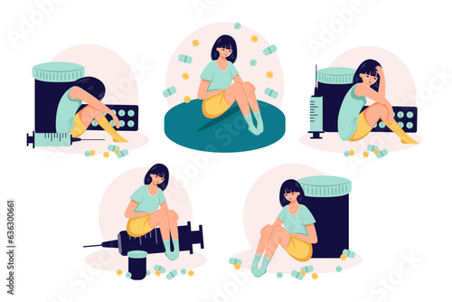 Drug addiction concept female person suffer from drug abuse flat illustration