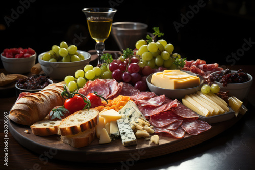 A traditional Italian antipasto platter, showcasing a variety of cured meats, cheeses, ai generated.