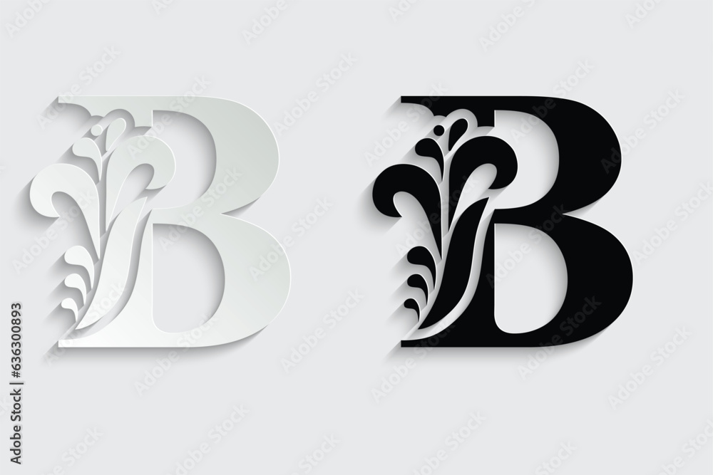 letter B. Black flower alphabet. Beautiful capital letters with shadow	
