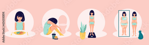 Eating disorder concept anorexia bulimia problem flat person illustration photo