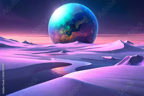 Iridescent crystal spheres with ring 3d render. Glass futuristic planet, abst...