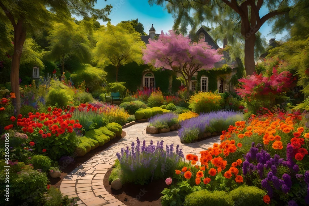 Obraz premium fountain in the garden, gazebo in the garden, Beautiful ornamental garden