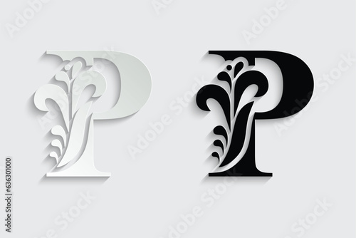 letter P. Black flower alphabet. Beautiful capital letters with shadow	
