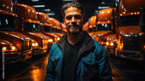Truck driver posing in front of lined up trucks © Mustafa