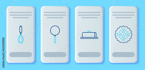 Set line Frying pan, Strawberry cheesecake slice, Kitchen whisk and Cracker biscuit icon. Vector