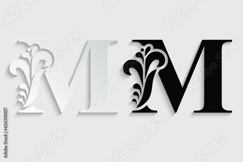 letter M. Black flower alphabet. Beautiful capital letters with shadow	
