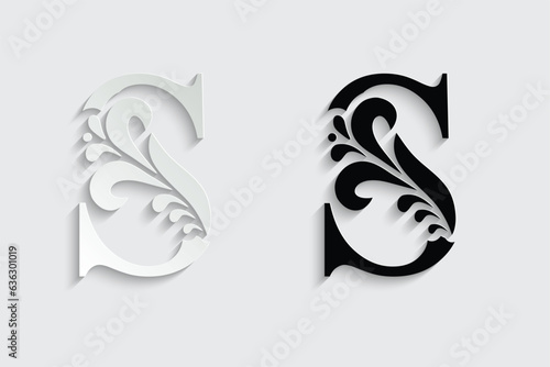 letter S. Black flower alphabet. Beautiful capital letters with shadow	

