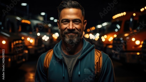 Truck driver posing in front of lined up trucks © Mustafa