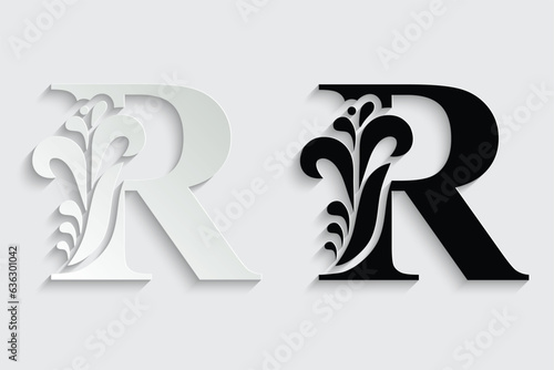 letter R. Black flower alphabet. Beautiful capital letters with shadow	
