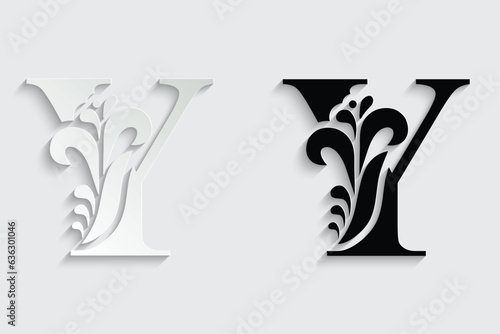 letter Y. Black flower alphabet. Beautiful capital letters with shadow	
