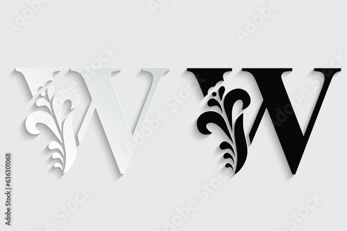 letter W. Black flower alphabet. Beautiful capital letters with shadow	
