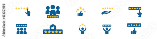 Five stars rating. Feedback vector set. Happy client. Customer satisfaction. Positive evaluation. Best rate.