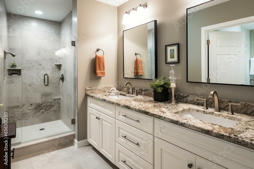 Renovated white bathroom with brown granite  black hardware  custom shower. Generative AI