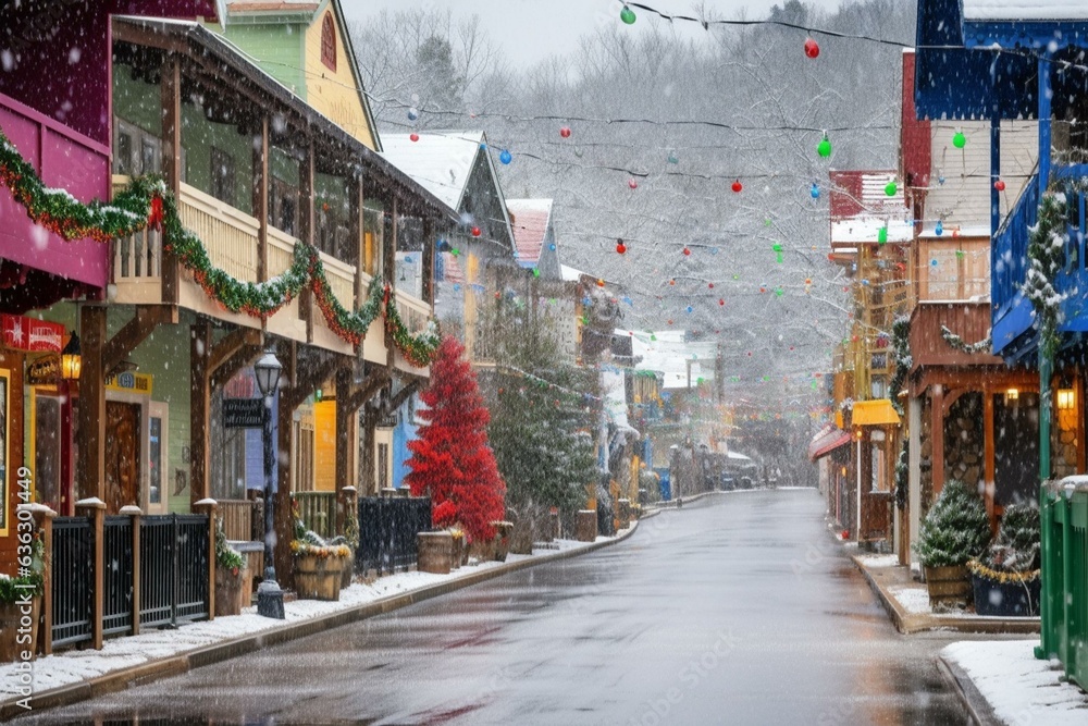 Winter scene of Gatlinburg Tennessee's main street adorned with Christmas decorations and covered in snow. Generative AI