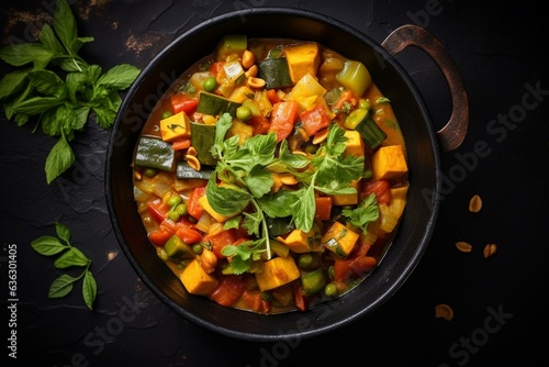 Vegetable curry in black bowl on slate table, vegan Asian dinner. Overhead view. Generative AI