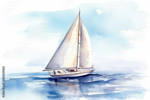 Watercolor illustration of a yacht sailing on the water's surface. Generative AI © David