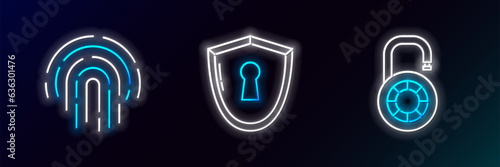 Set line Safe combination lock wheel, Fingerprint and Shield with keyhole icon. Glowing neon. Vector