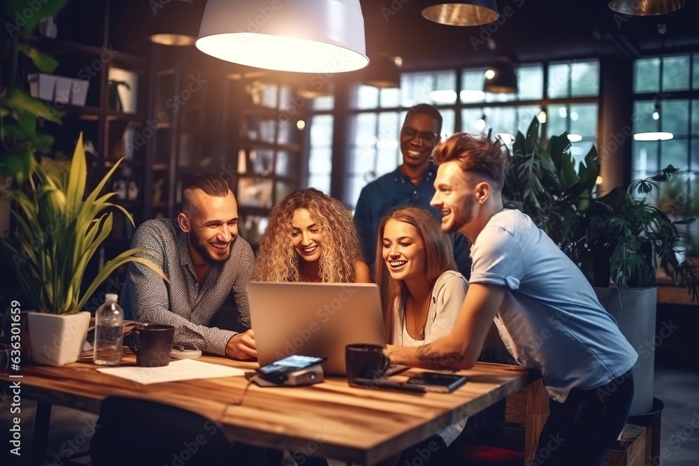 Happy diverse businesspeople laughing while collaborating on a new project in an office. Happy diverse businesspeople laughing while collaborating on a new project in an office.