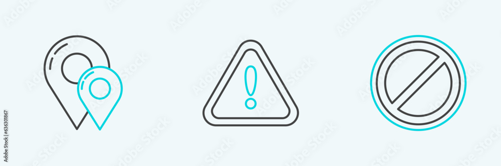 Set line Stop sign, Map pin and Exclamation mark triangle icon. Vector Set line Stop sign, Map pin and Exclamation mark triangle icon. Vector