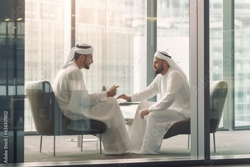 Two middle eastern businessmen at desk having a business meeting in modern office.