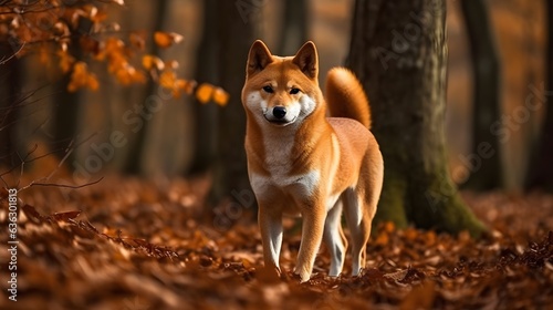 Cute brown orange white Shiba Inu dog playing and walking in the woods, stand and look at the camera, nature background. Generative AI.