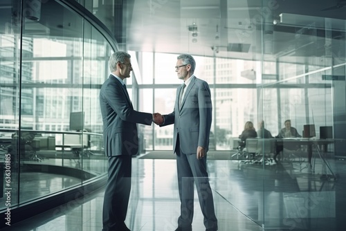 Two senior businessmen handshaking in office.