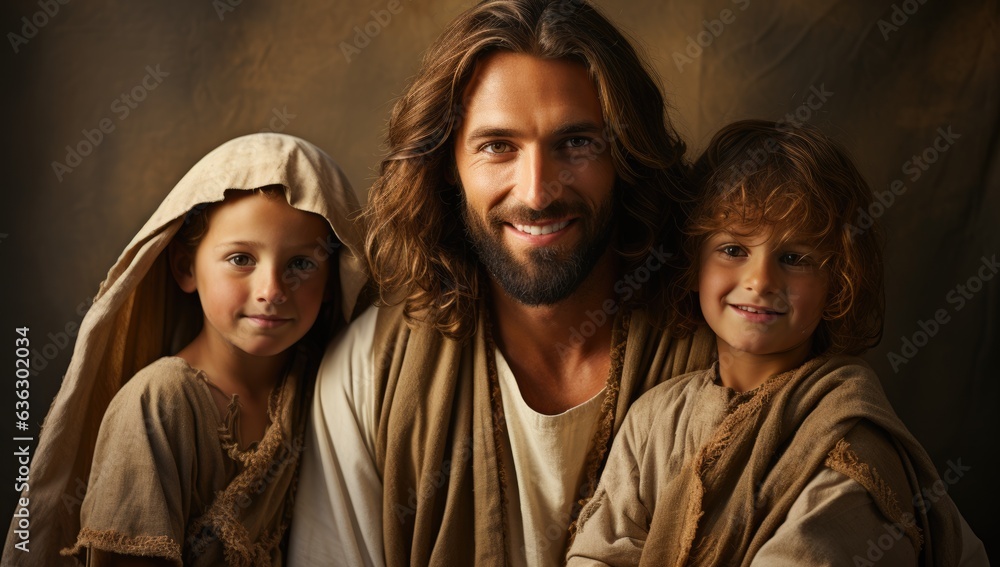 A man and two children dressed in biblical clothing. Digital image. Jesus with children. A man and two children dressed in biblical clothing. Digital image. Jesus with children.