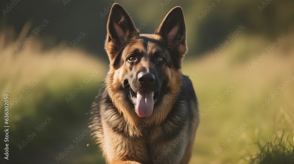 Brown black Old German Shepherd Dog walking, stare and look at the camera, dog tongue out, playing in the nature. Generative AI. Brown black Old German Shepherd Dog walking, stare and look at the camera, dog tongue out, playing in the nature. Generative AI.
