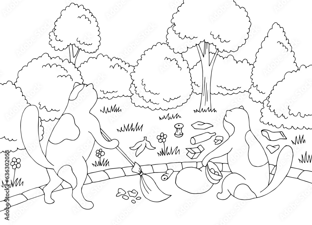 Cats clean up trash in the park graphic black white landscape sketch illustration vector