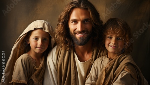 A man and two children dressed in biblical clothing. Digital image. Jesus with children.