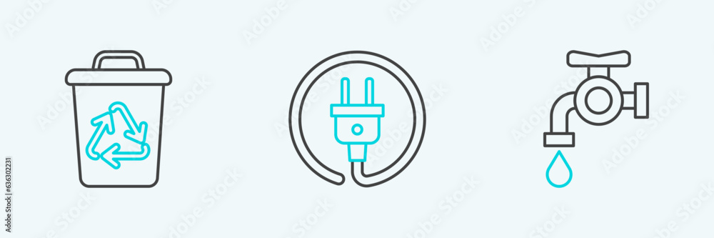 Set line Water tap, Recycle bin with recycle symbol and Electric plug icon. Vector Set line Water tap, Recycle bin with recycle symbol and Electric plug icon. Vector