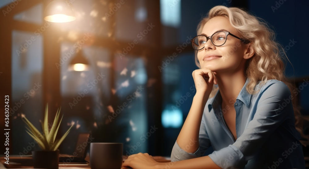 Smiling blond businesswoman with fingers touching her chin. Young businesswoman sitting at her desk in office. Smiling blond businesswoman with fingers touching her chin. Young businesswoman sitting at her desk in office.
