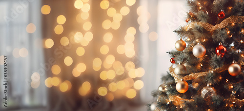 Horizontaler Weihnachtsbanner für Weihnachtswünsche, dekorierter Weihnachtsbaum vor unscharfem Hintergrund, Panorama, erstellt mit generativer KI photo