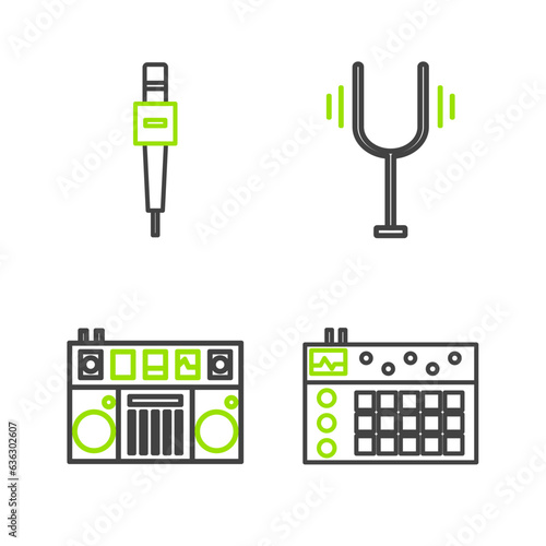 Set line Drum machine, DJ remote for playing and mixing music, Musical tuning fork and Microphone icon. Vector