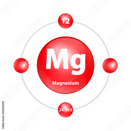 Magnesium (Mg) Icon structure chemical element round shape circle light red with surround ring. 3D Illustration vector. Period number shows of energy levels of electron. Study science for education