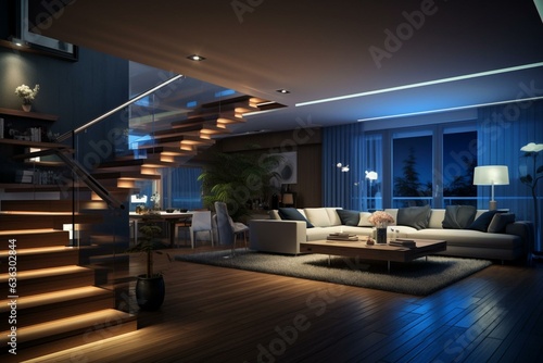 Contemporary home indoors with night illumination - rendered in 3D. Generative AI