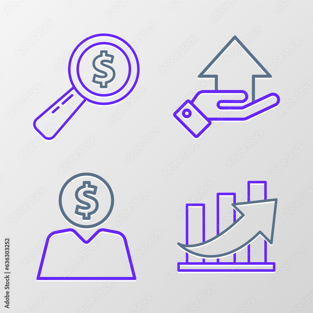 Set line Financial growth and coin, Business man planning mind, Money on hand and Magnifying glass dollar icon. Vector Set line Financial growth and coin, Business man planning mind, Money on hand and Magnifying glass dollar icon. Vector