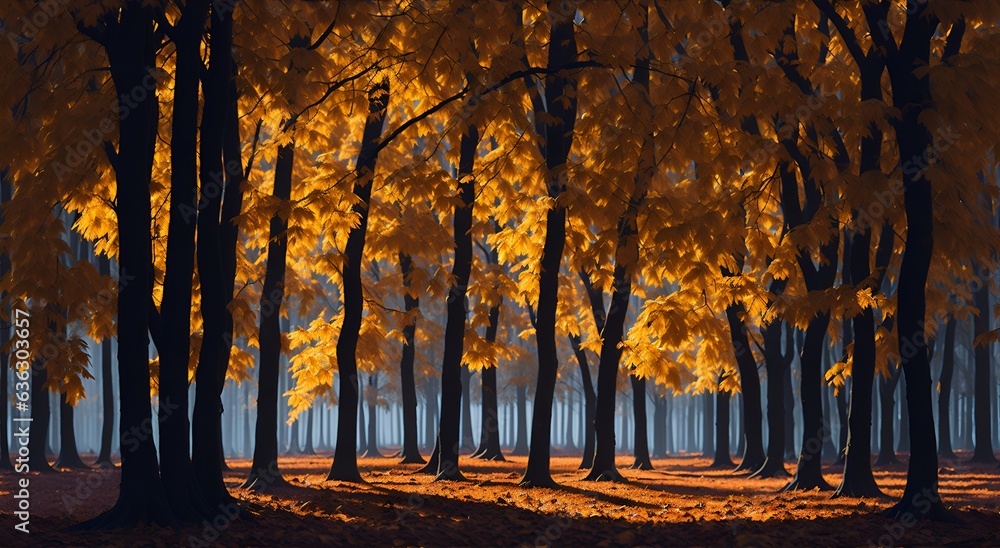 A majestic autumn forest, illuminated by the vibrant colors of the changing leaves