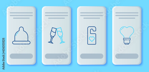 Set line Glass of champagne, Please do not disturb with heart, Condom and Heart shape in light bulb icon. Vector