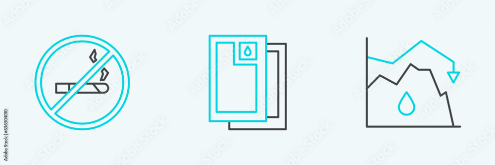 Set line Drop in crude oil price, No Smoking and Barrel icon. Vector Set line Drop in crude oil price, No Smoking and Barrel icon. Vector