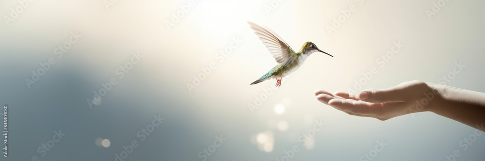 A hummingbird landing on a hand A hummingbird landing on a hand