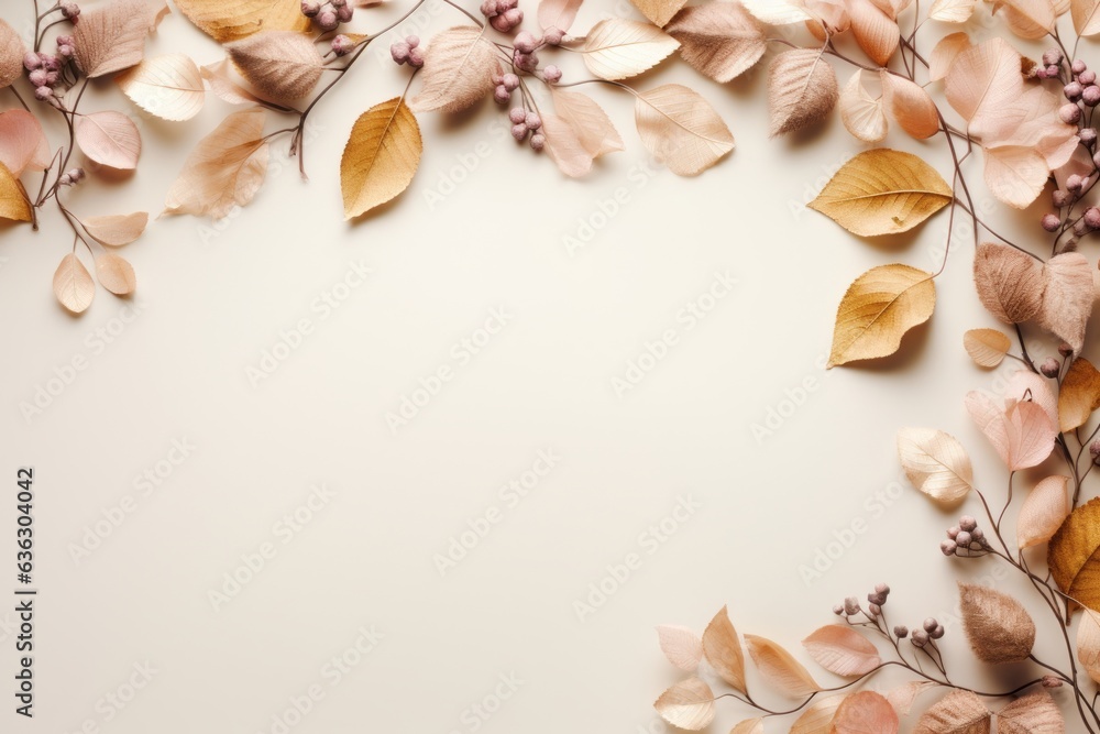 Obraz premium Yellow fall leaves frame, minimal concept, flat lay. Light colors