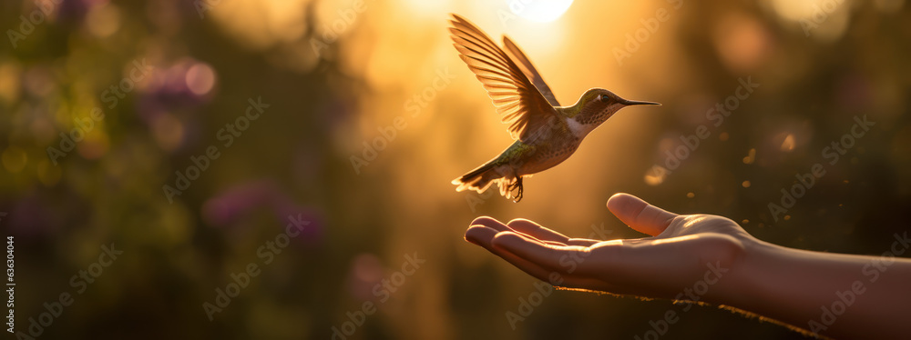 A hummingbird landing on a hand in nature - obrazy, fototapety, plakaty 