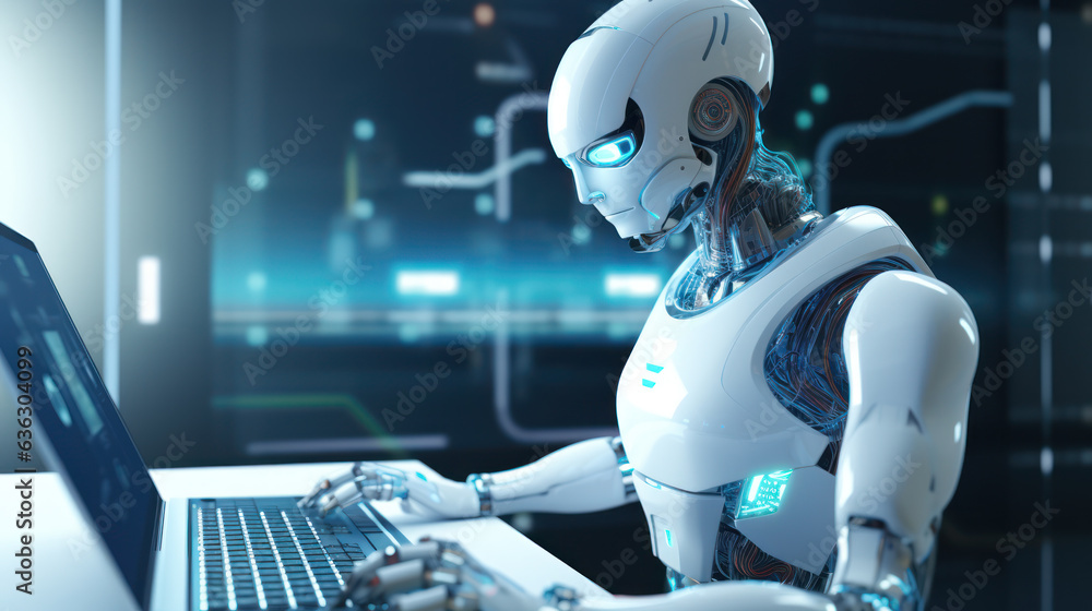 Robot working at a laptop with futuristic background, artificial intelligence