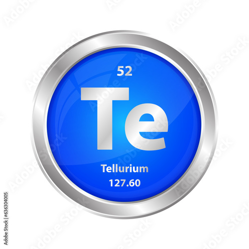 Icon structure Tellurium (Te) chemical element round shape circle blue. Chemical element of the periodic table. Sign with atomic number. Study in science for education. 3D vector illustration.