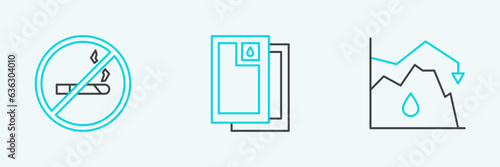 Set line Drop in crude oil price, No Smoking and Barrel icon. Vector