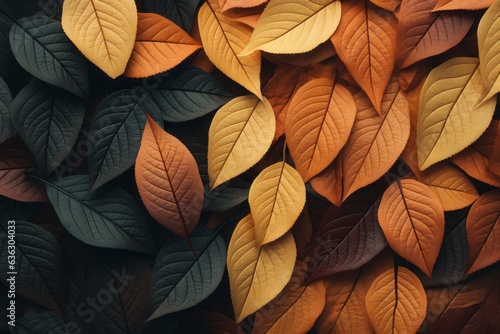 Abstract AI generated illustration of change of season.. Pile of green and yellow leaves. Minimal creative concept of fall and leaves turning yellow and into fall colors